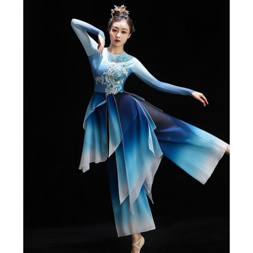 Young girls Blue gradient chinese folk Classical dance costumes solo dance Yangge fan umbrella dance dresses National umbrella dance suit for women